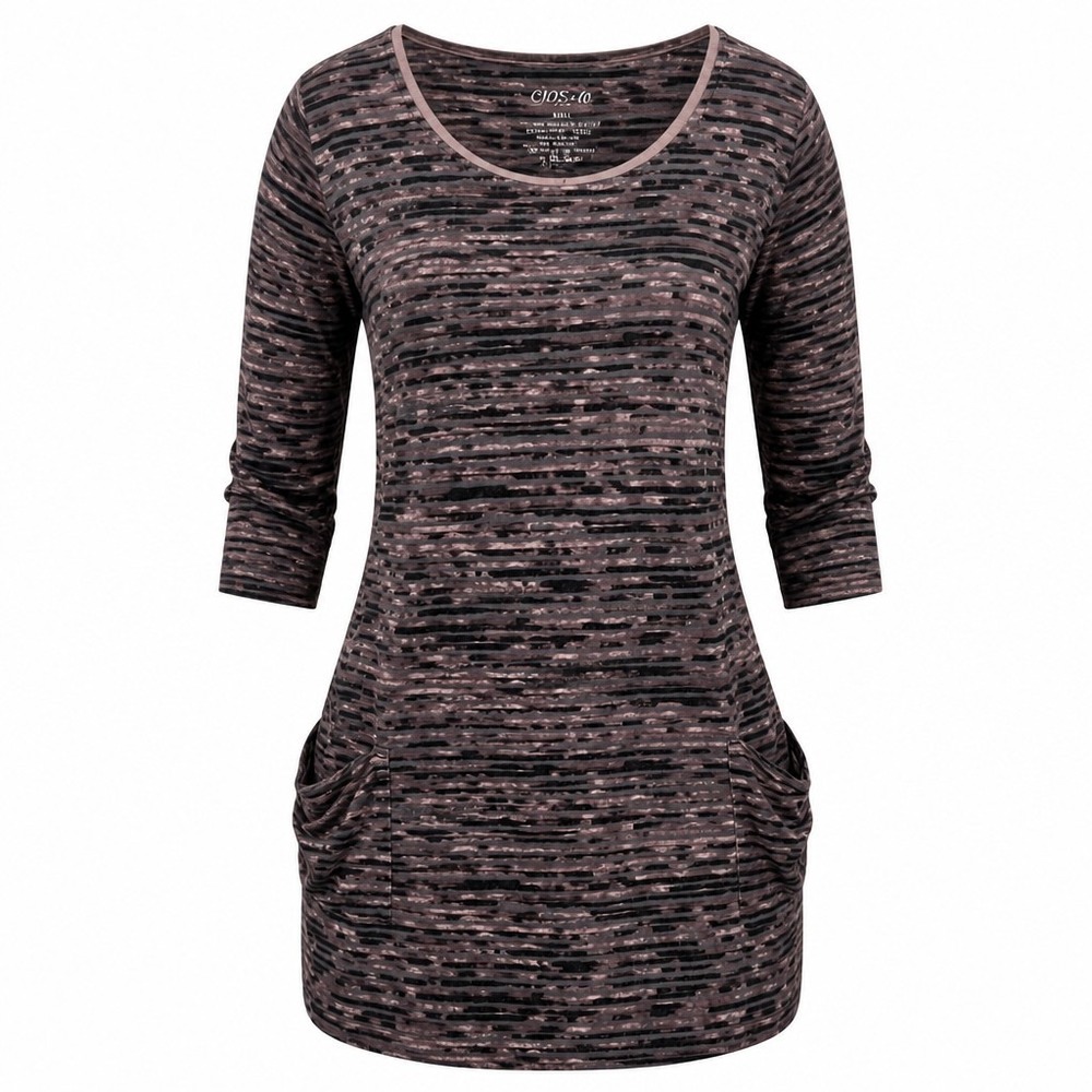Cio & Co Women Mauve Charcoal Striped 3/4 Sleeve Tunic Top with Pockets Small